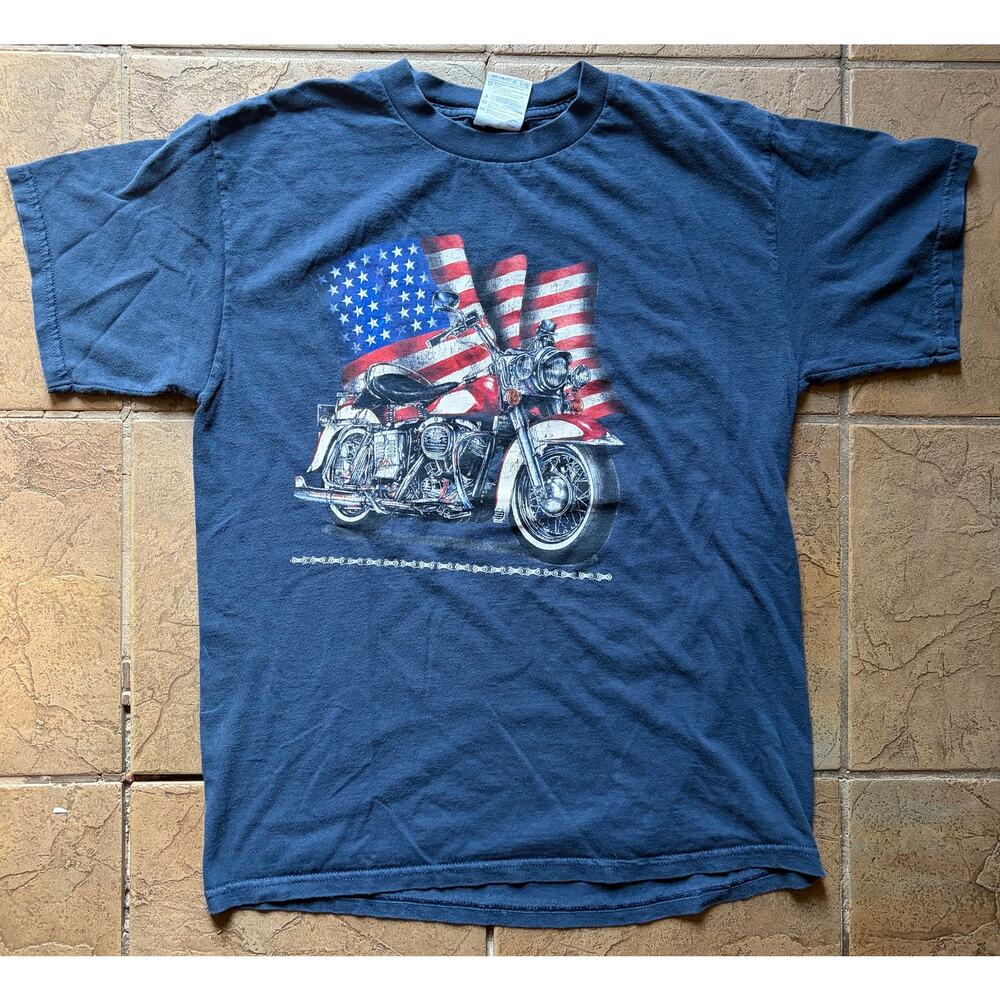 Vintage Motorcycle American Flag Graphic T-Shirt Tultex Large USA Biker Tee